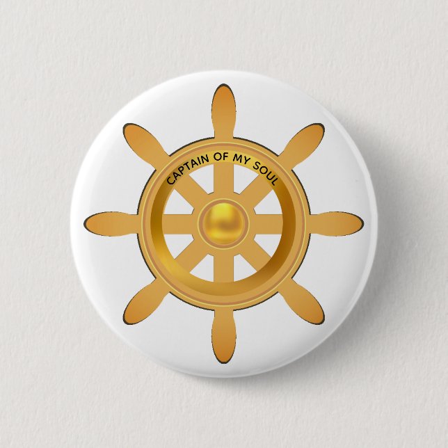 Nautical captain golden ship helm on white 2 inch round button (Front)