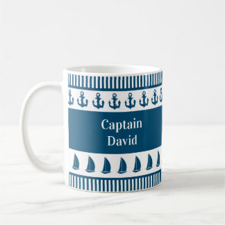 Nautical Captain Name Anchor Boat Navy Stripes Coffee Mug