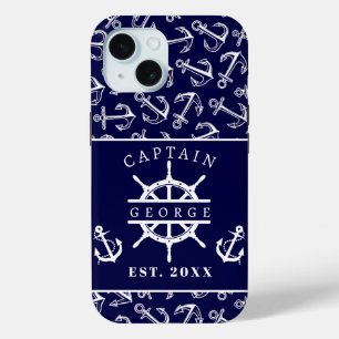 Nautical Captain Name Navy Blue Boat Anchor iPhone 15 Case