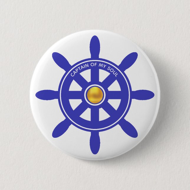 Nautical captain royal blue ship helm on white 2 inch round button (Front)