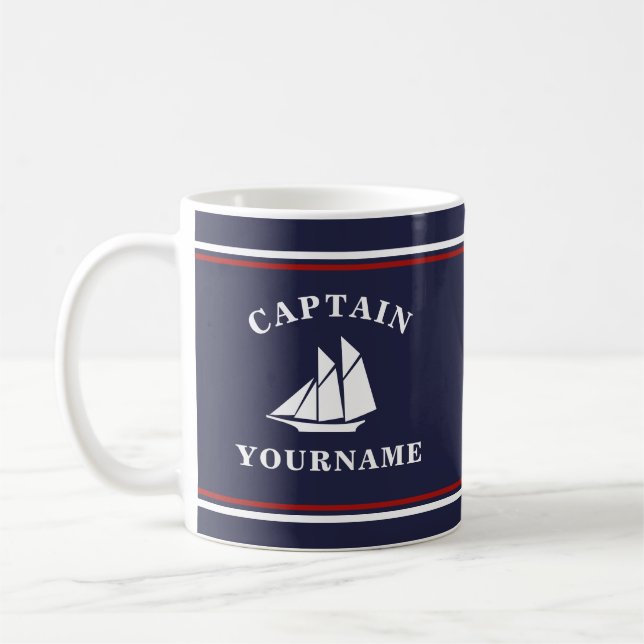 Nautical Captain Sailboat Your Name Navy Mug (Left)