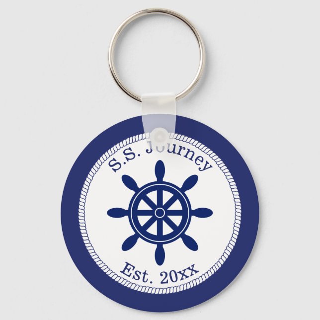 Nautical Captain's Wheel Add Boat Name Keychain (Front)