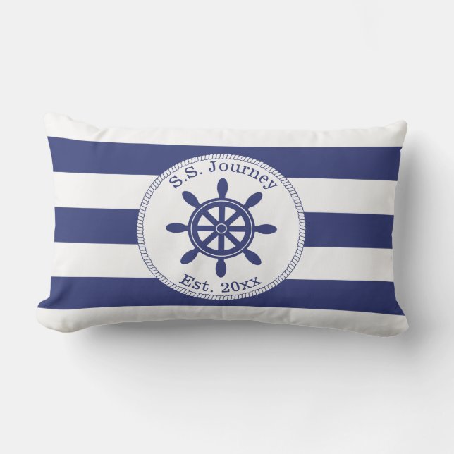 Nautical Captain's Wheel Add Boat Name Outdoor Pillow (Front)