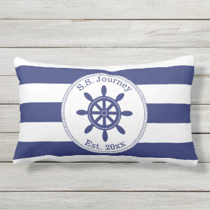 Nautical Captain's Wheel Add Boat Name Outdoor Pillow