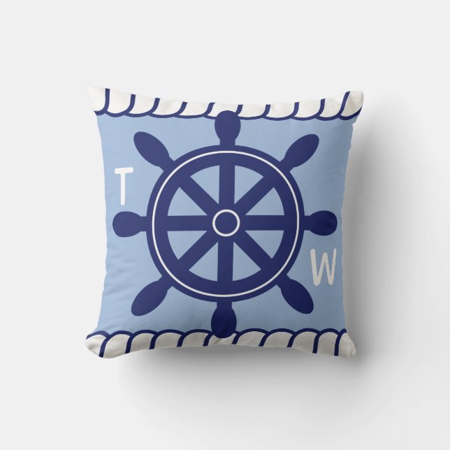 Nautical Captain's Wheel Add Name and Monogram Throw Pillow (Front)