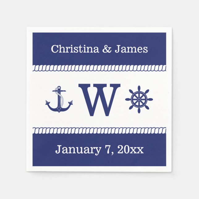 Nautical Captains Wheel  Anchor Add Names Monogram Napkin (Front)