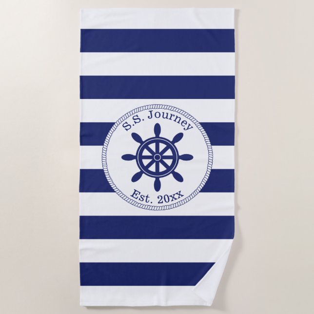 Nautical Captain's Wheel Monogrammed Boat Name Beach Towel (Front)