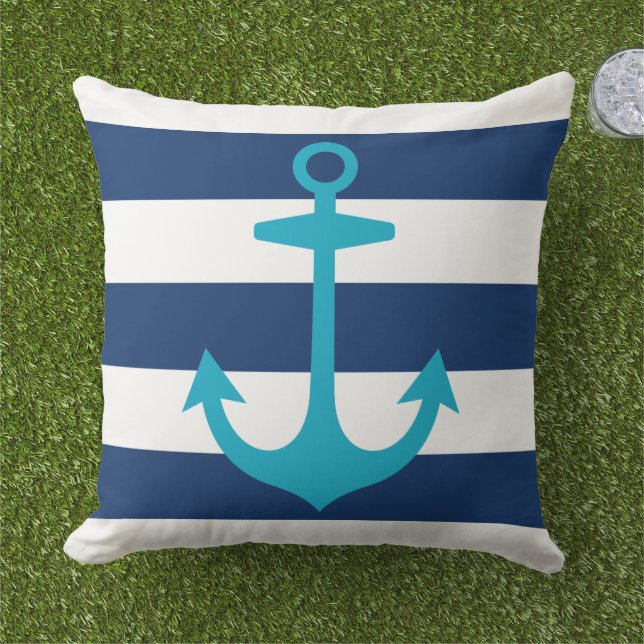 Nautical Caribbean Blue Anchor with Navy Stripes Outdoor Pillow (Grass)