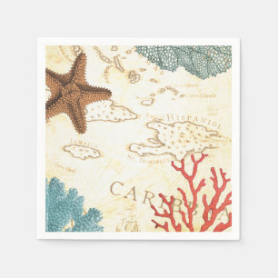 Nautical Caribbean Starfish Rustic Map and Coral Napkin