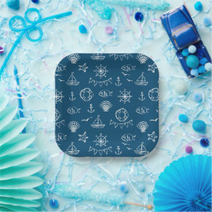 Nautical Chalk Drawing Pattern Paper Plate