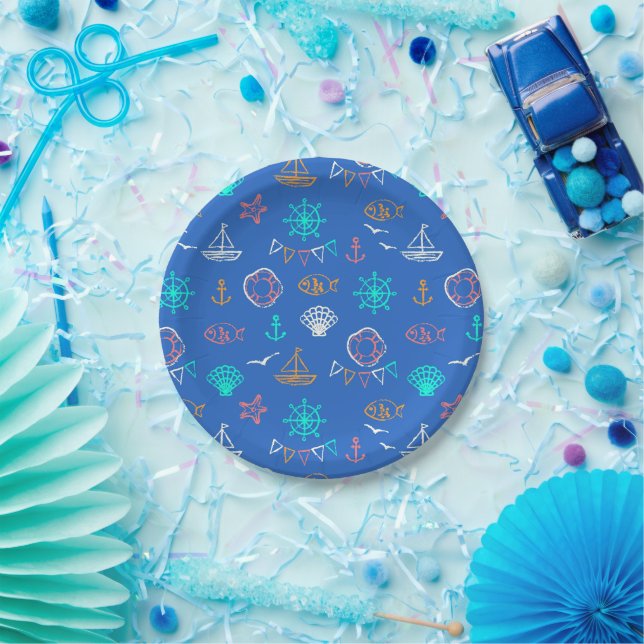 Nautical Chalk Drawing Pattern Paper Plate (Party)