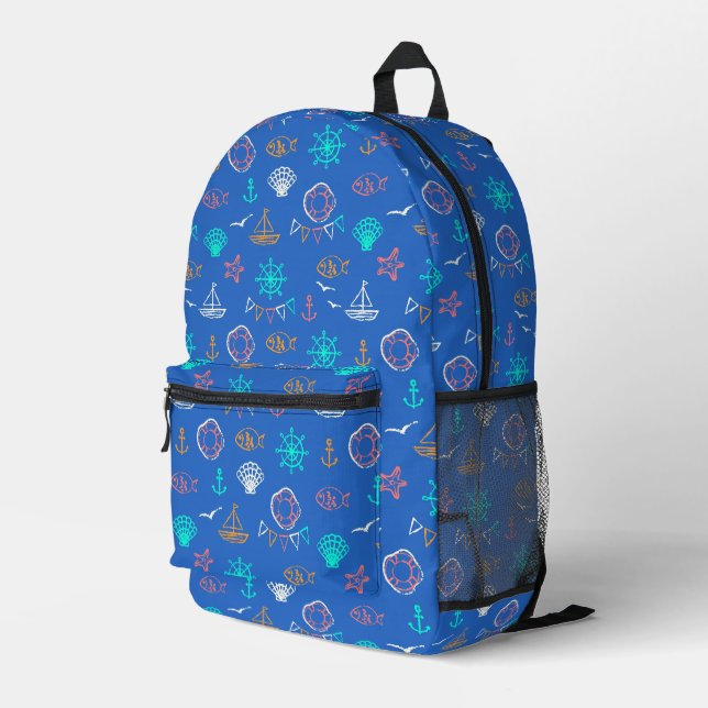 Nautical Chalk Drawing Pattern Printed Backpack (Back Corner Right)