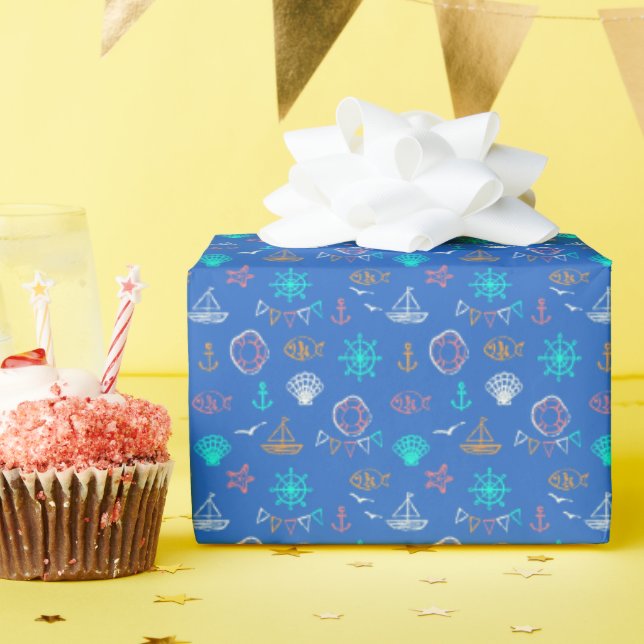 Nautical Chalk Drawing Pattern Wrapping Paper (Birthday Party)