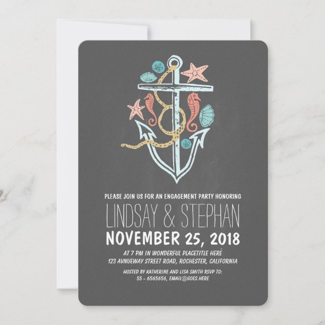 Nautical chalkboard beach engagement party invites (Front)