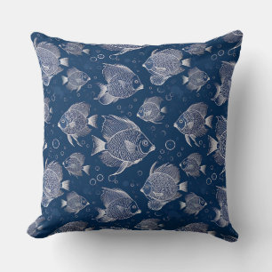 Nautical Charm Navy Blue with White Fish Throw Pillow