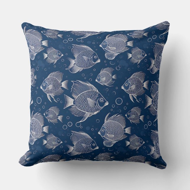 Nautical Charm Navy Blue with White Fish Throw Pillow (Front)
