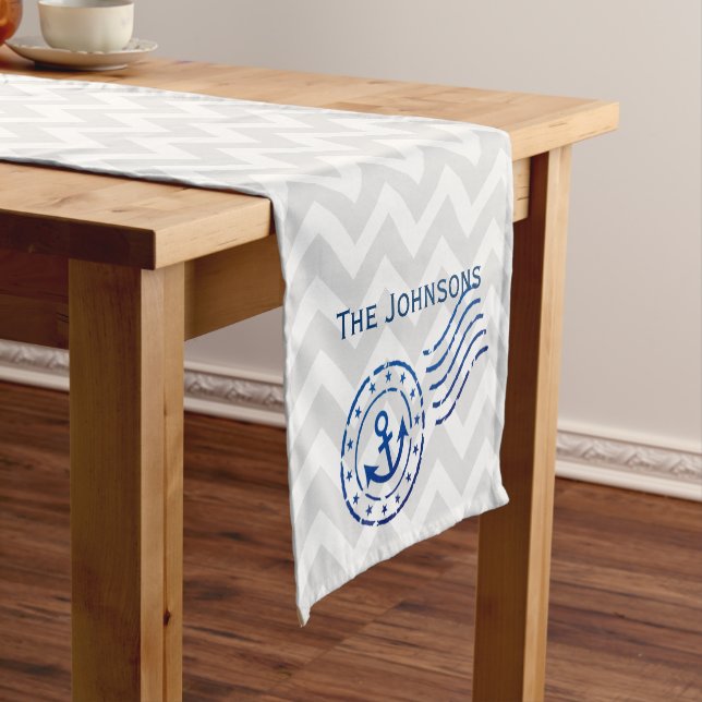 Nautical Chevron & Anchor Seal Short Table Runner (In Situ)