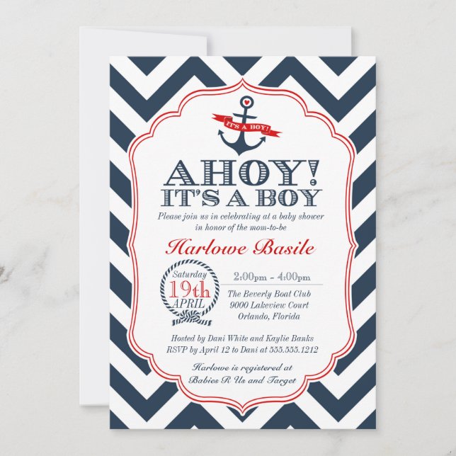 Nautical Chevron Baby Boy Shower Invitation Red (Front)