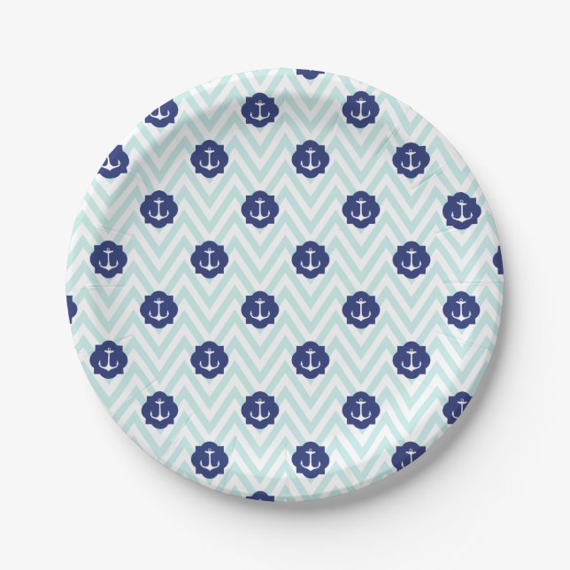 Nautical Chevron Navy Blue Anchors Pattern Paper Plate (Front)