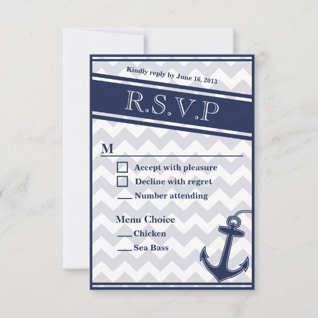 Nautical chevron navy blue RSVP menu 2 choices (Front)