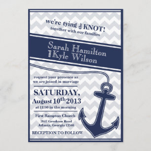 Nautical chevron navy blue wedding invitation