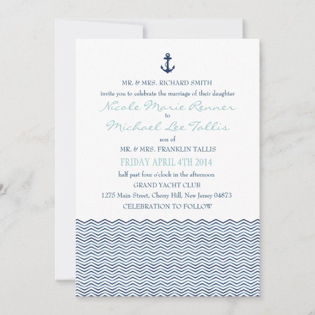Nautical Chevron Waves Wedding Invitation (Front)