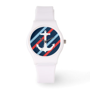 Nautical chic anchor navy blue red stripes watch