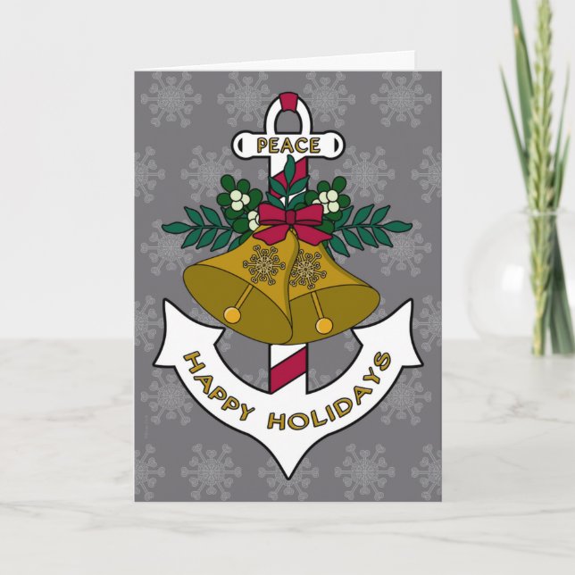 Nautical Christmas Anchor Gold Bells & Snowflakes Holiday Card (Front)
