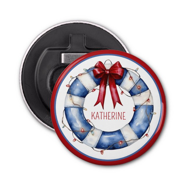 Nautical Christmas Life Preserver With Bow Bottle Opener (Front)