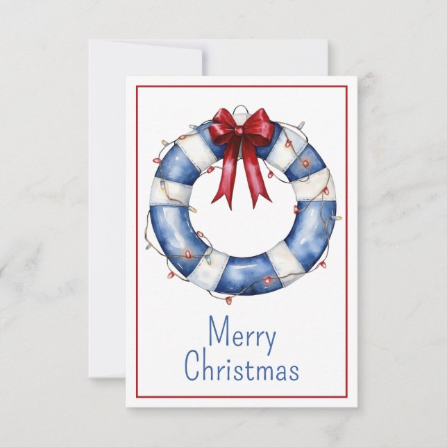Nautical Christmas Life Preserver With Bow Card (Front)