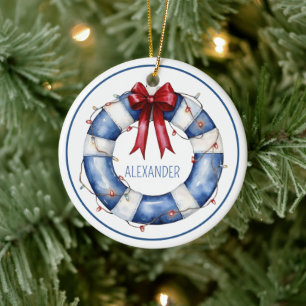 Nautical Christmas Life Preserver With Bow Ceramic Ornament