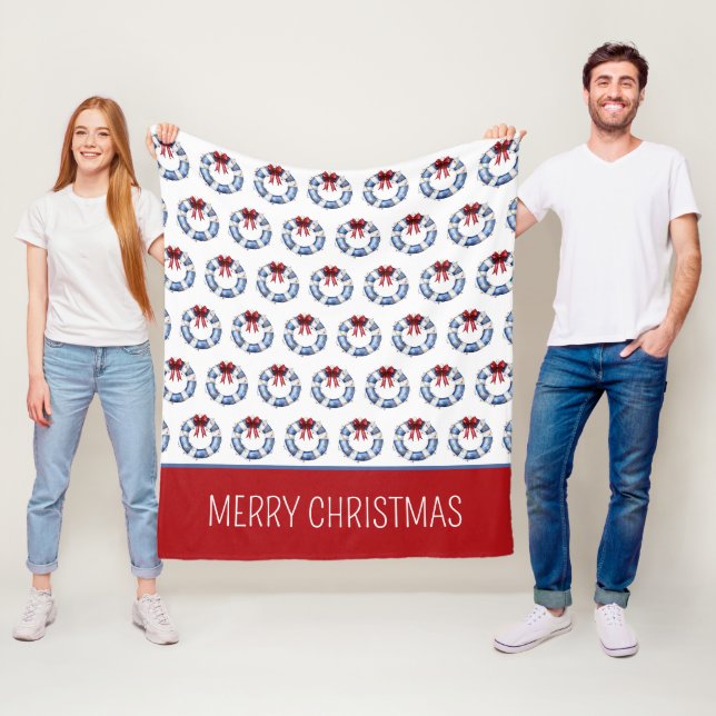 Nautical Christmas Life Preservers With Bows Fleece Blanket (In Situ)