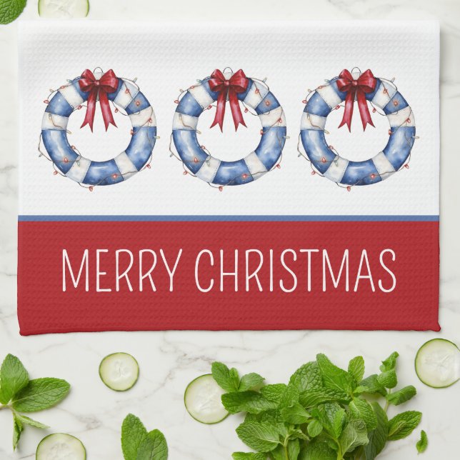 Nautical Christmas Life Preservers With Bows Kitchen Towel (Folded)