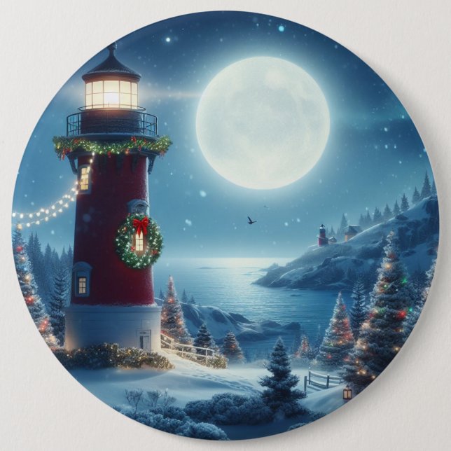 Nautical Christmas lighthouse 6 Inch Round Button (Front)
