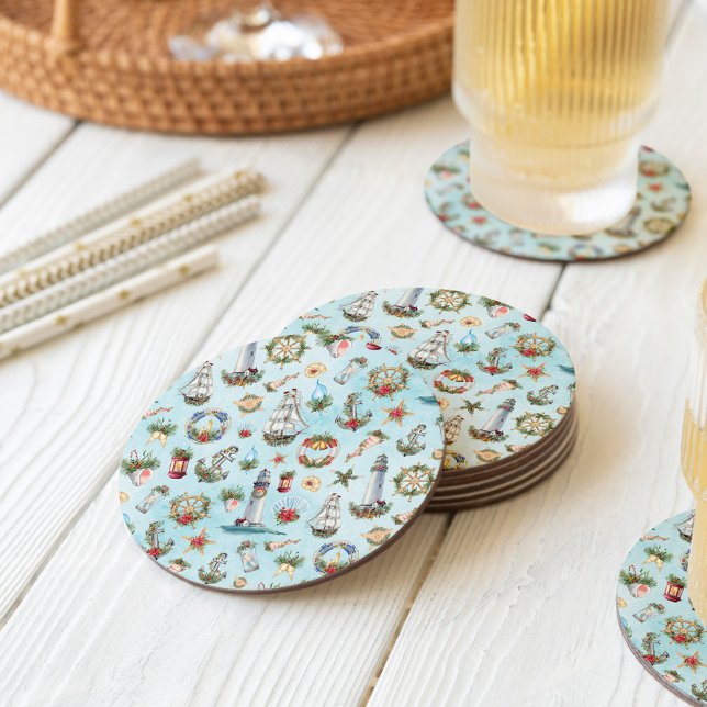 Nautical Christmas Lighthouse Beach Coastal Theme Round Paper Coaster (Creator Uploaded)