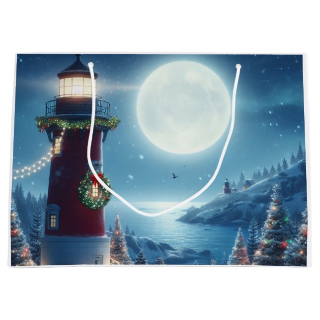 Nautical Christmas lighthouse Large Gift Bag (Front)
