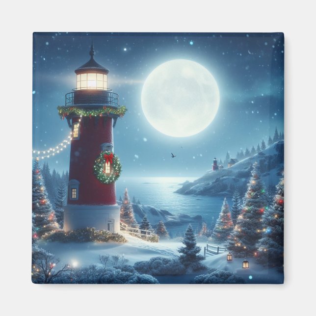 Nautical Christmas lighthouse Magnet (Front)