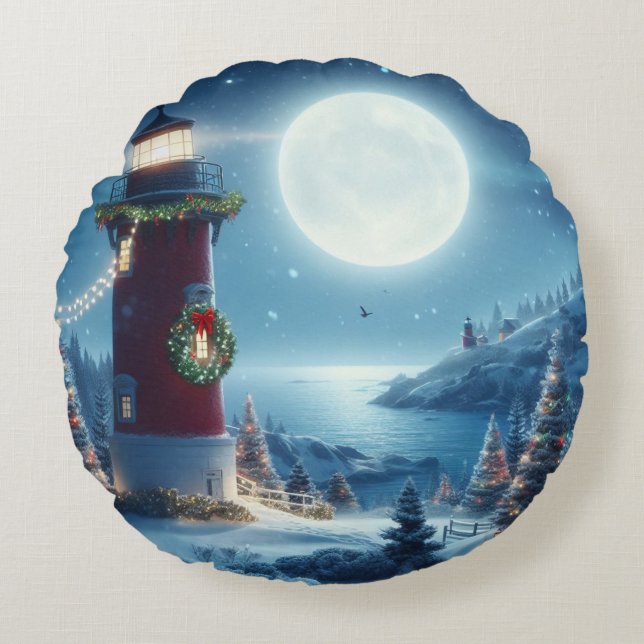 Nautical Christmas lighthouse Round Pillow (Front)