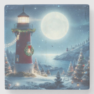 Nautical Christmas lighthouse Stone Coaster