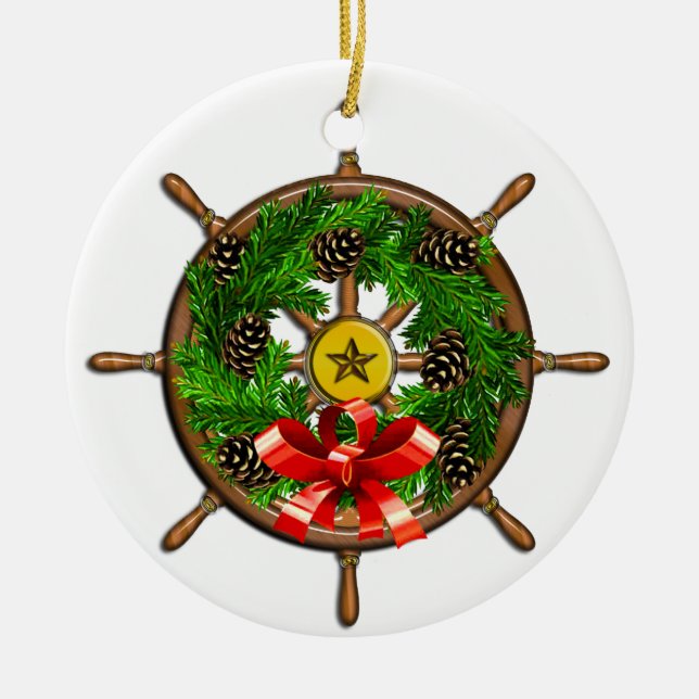 Nautical Christmas Ships Wheel Ceramic Ornament (Front)
