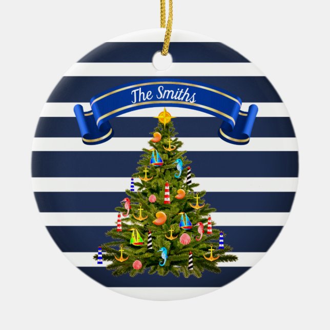 Nautical Christmas Tree Custom Ceramic Ornament (Front)