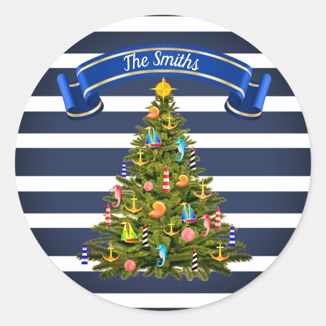 Nautical Christmas Tree Custom Classic Round Sticker (Front)