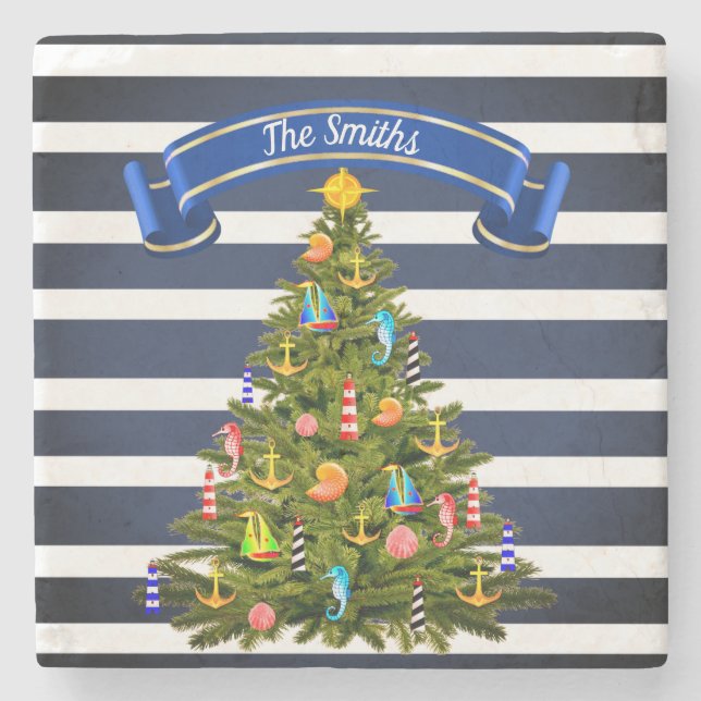 Nautical Christmas Tree Custom Stone Coaster (Front)