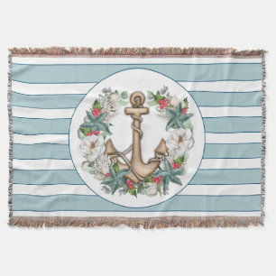 Nautical Christmas Wreath & Anchor Fringed Throw Blanket