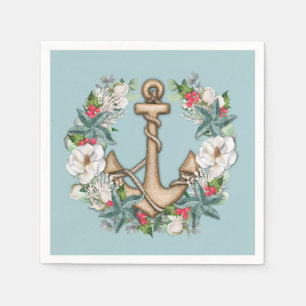 Nautical Christmas Wreath & Anchor Light Teal Napkin
