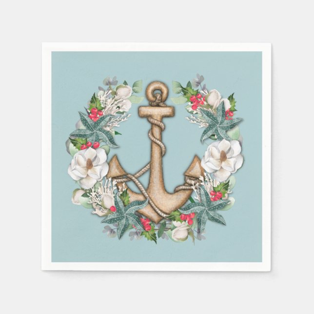 Nautical Christmas Wreath & Anchor | Light Teal  Napkin (Front)