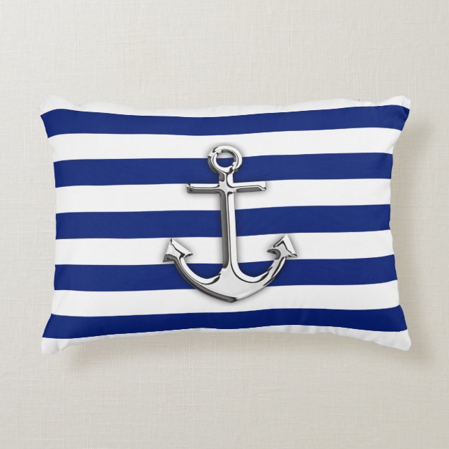 Nautical Chrome Anchor on Navy Stripes Print Accent Pillow (Front)