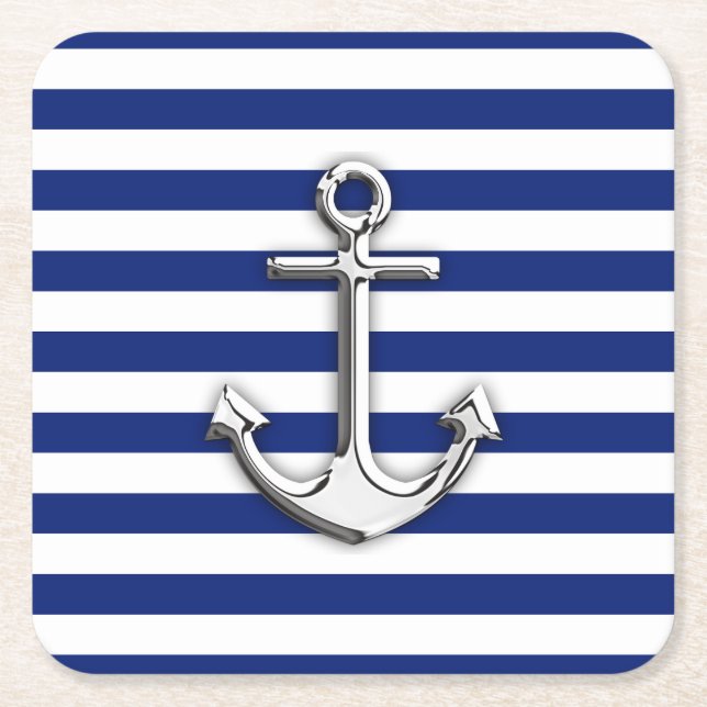 Nautical Chrome Anchor on Navy Stripes Print Square Paper Coaster (Front)