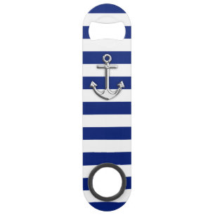 Nautical Chrome Anchor on Navy Stripes Speed Bottle Opener