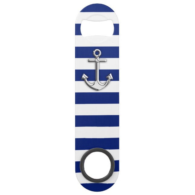 Nautical Chrome Anchor on Navy Stripes Speed Bottle Opener (Front)